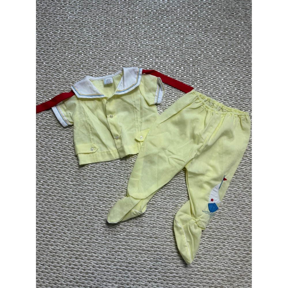 Vintage Baby Yellow Sailor Set Sailboat Embroideryβ sailor 6-9 Months 2 Piece